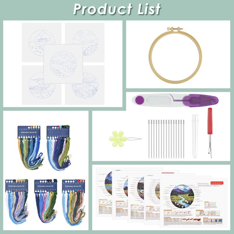 ERKOON 5 Sets Embroidery Kit for Beginners, Butterfly Cross Stitch Set for Include Embroidery Cloth Hoops Threads for Craft Lover Hand Stitch (Landscapes) - Image 2